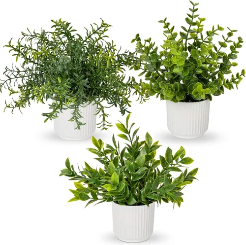 Vista 8 de Hollyone Paquete de 3 plantas artificiales en macetas, plantas artificiales pequeñas de eucalipto, romero, helecho boston, vegetación, decoración
