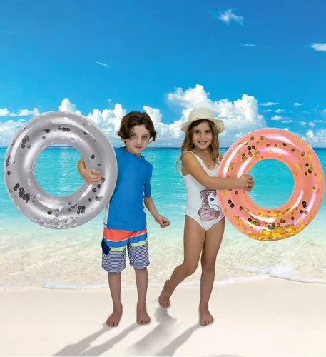 Vista 4 de Paquete de 4 flotadores inflables para piscina para niños, anillos flotantes de piscina rellenos de confeti brillante, lindos flotadores de piscina