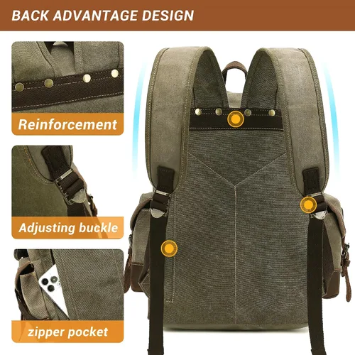 Vista 5 de HuaChen mochila vintage de lona y cuero mochila espaciosa y duradera para hombres y mujeres, perfecta para viajes y vida universitaria, Grande