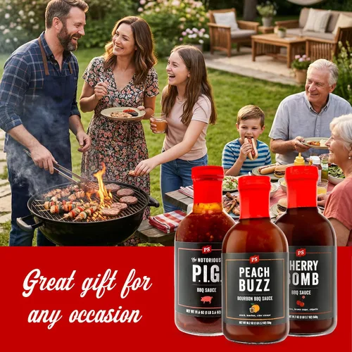 Vista 6 de PS Seasoning Salsa barbacoa picante dulce paquete de 3 – Peach Buzz, Cherry Bomb, y Notorious PIG Gourmet Barbecue Sauce Set para asar a