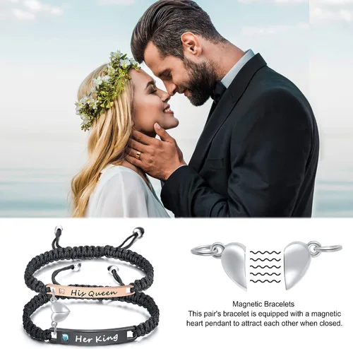 Vista 3 de MEALGUET - Pulseras magnéticas personalizadas para parejas de atracción mutua, pulseras de identificación trenzadas con nombre, conjunto de pulseras