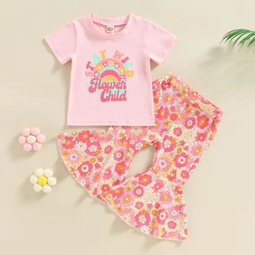 Vista 2 de Eadrioss Ropa para bebé niña pequeña, traje de campana de manga corta, camisa de flores para niños, pantalones florales acampanados, ropa de verano