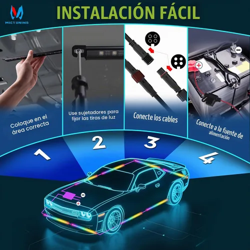 Vista 6 de MICTUNING U8 RGB - Barra de luz LED de brillo bajo, control remoto dual, tira de luz LED multicolor para debajo del cuerpo del auto con carcasa