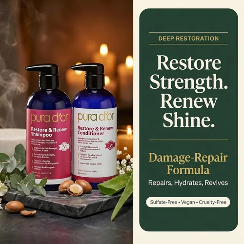 Vista 7 de PURA D'OR Restore & Renew Set de champú y acondicionador para cabello fuerte, saludable y nutrido con aloe vera orgánico, romero, espino amarillo