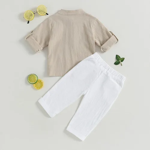 Vista 3 de Karuedoo Conjunto de camisas Henley de algodón y lino con botones y pantalones casuales para bebé niño