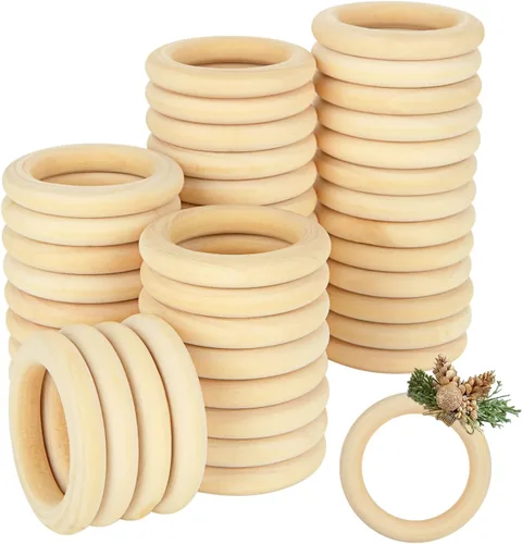 Vista 10 de 100 anillos de madera para manualidades, anillos de madera de 2 pulgadas para manualidades, anillos de madera sin terminar de 2.165 in, naturales