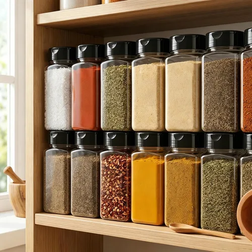 Vista 8 de Bekith Paquete de 16 tarros de plástico para especias de 9 onzas con tapa negra, botellas de plástico para especias vacíos para almacenar especias