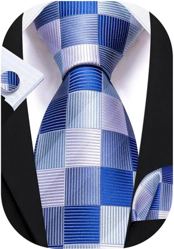 Vista 157 de Barry.Wang Juego de corbatas a cuadros para hombre con pañuelo gemelos de rayas clásicas