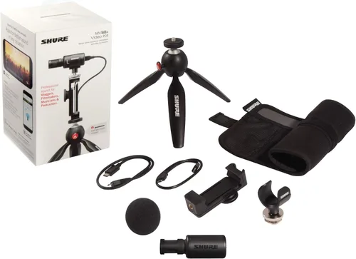 Vista 2 de Kit de video Shure MV88+ - Micrófono condensador estéreo digital para Apple y Android, con trípode Manfrotto PIXI, pinza para teléfono, montaje