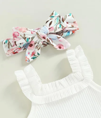 Vista 4 de Conjunto de ropa de verano para bebé recién nacida, conjunto de ropa de verano con estampado floral, mameluco con cordón y diadema corta