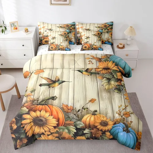 Vista 18 de Feelyou Fall Pumpkin Comforter Set with Sheets 7 Piece Twin Size Autumn Bed in a Bag Kids Boys Girls Pumpkin Maple Leaf Bedding Set Hummingbird Beig