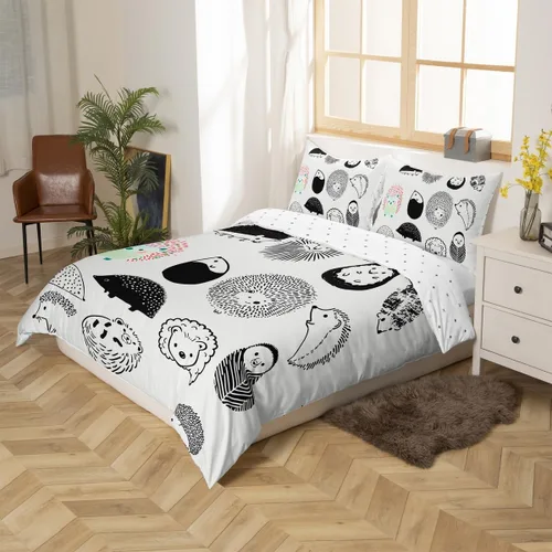 Vista 2 de Erosebridal Juego de funda de edredón Kawaii de tamaño individual, diseño de erizo de dibujos animados en blanco y negro, regalo de erizo para niñas