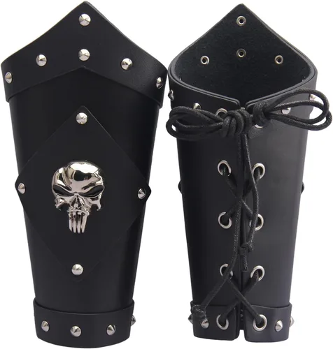 Vista 7 de Jeilwiy Brazaletes vikingos medievales de cuero, brazaletes de armadura de brazo, brazalete de cuero, guantelete punk para hombres y mujeres