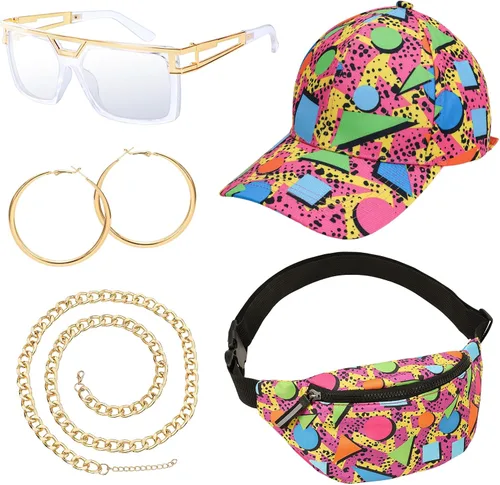 Vista 8 de XEPST 80s 90s Hip Hop Accessories for Women Men, 80s 90s Outfits Neon Fanny Pack Hat Sunglasses Gold Chain Earrings