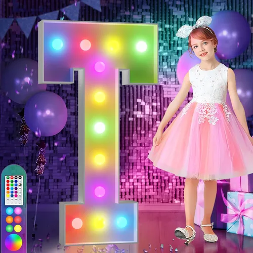 Vista 77 de Imprsv Letras coloridas de marquesina de 3 pies y letras grandes iluminadas RGB con control remoto, decoraciones de fiesta de cumpleaños Carta