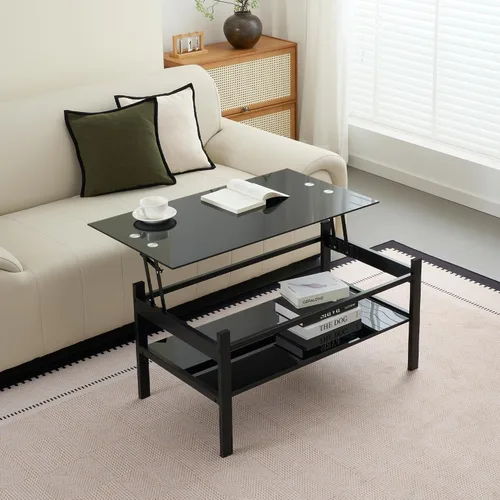 Vista 8 de Mesa de centro elevable con almacenamiento, mesas de centro modernas de vidrio negro para sala de estar, 37.8 pulgadas rectangular de vidrio