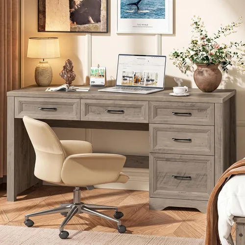 Vista 11 de Halitaa Farmhouse 55.1" Executive Desk with 3 Drawers, Vintage White Antique White