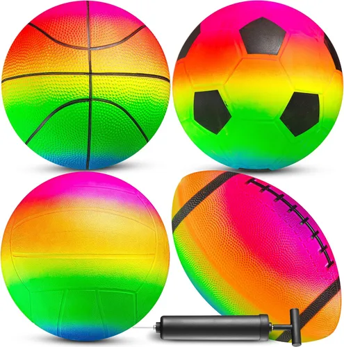 Vista 9 de Conjunto de pelotas deportivas PlayBolt (paquete de 4, 12.7 cm) - Mini baloncesto arcoíris, fútbol, fútbol americano y pelotas de patio con bomba