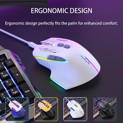 Vista 5 de Mouse inalámbrico para juegos, mouse ergonómico con 5 DPI ajustables hasta 7200, luces de respiración RGB, compatible con laptop, Chromebook, PC