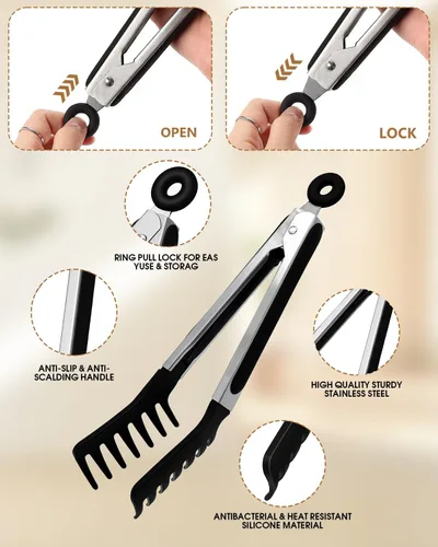 Vista 4 de Cuchara de espagueti y pinza para pasta con dientes de agarre y orificios de drenaje, cabezal de silicona antiadherente de 2 piezas con mango