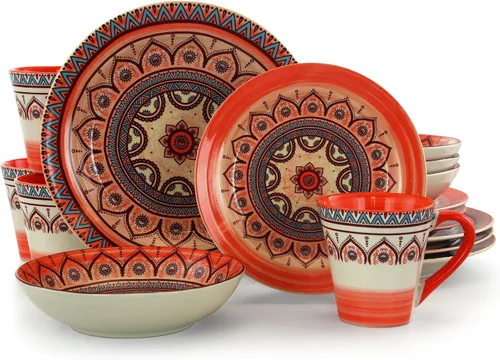Vista 7 de Elama Zen Blue Mozaik - Juego de vajilla redonda multicolor con diseño de mandala, 16 piezas Azul