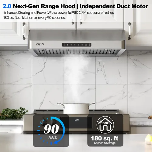 Vista 2 de VIKIO HOME Campana extractora de 30 pulgadas bajo gabinete, campana de cocina con 980 CFM, sensor de gestos de 3 velocidades y panel de control