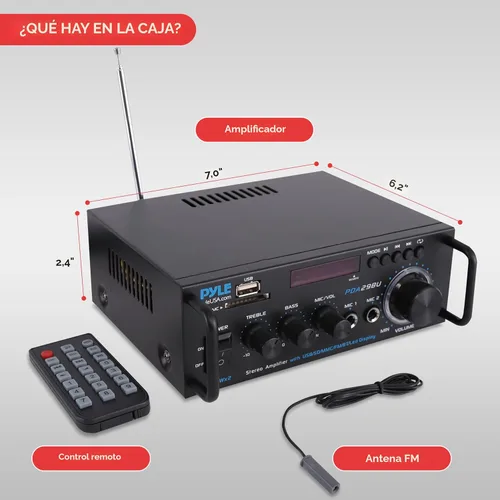 Vista 6 de Pyle Amplificador de potencia estéreo de 200W con Bluetooth - Receptor de audio de doble canal - Pantalla LED - RCA - USB - SD - ENTRADA MIC - Radio