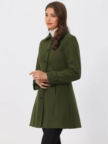 Vista 4 de Abrigo clásico de invierno con bolsillos de Allegra K para mujer; chaquetón de botonadura sencilla Verde militar