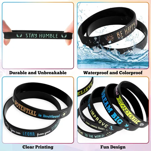 Vista 4 de Bucherry 120 pulseras de silicona motivacionales a granel inspiradoras de goma unisex con citas positivas para estudiantes, profesores, aula, Negro