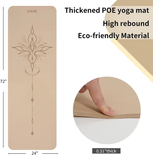Vista 2 de HAHE Tapete de yoga grueso (8MM, 1/3 pulgadas), tapete de yoga antideslizante POE, ecológico, alto rebote y absorción de golpes, antidesgarros