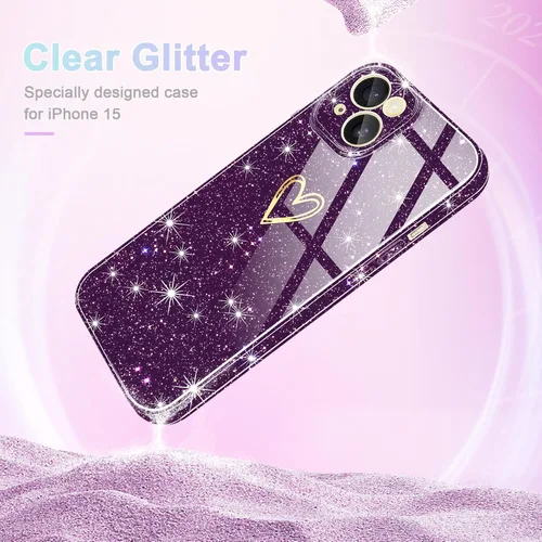 Vista 5 de Funda para iPhone 15, purpurina transparente con [1 protector de pantalla de vidrio templado] Funda protectora delgada y suave de silicona