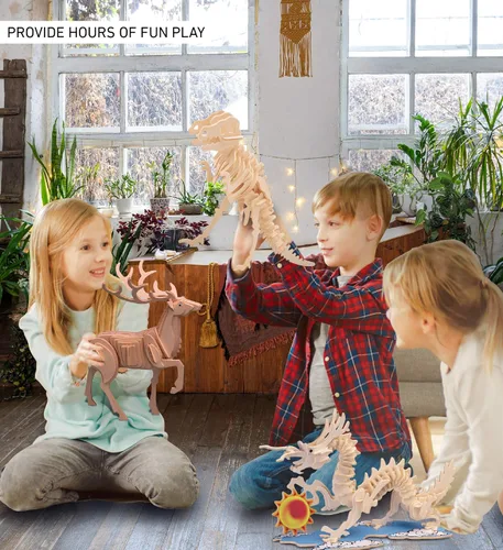 Vista 4 de Puzzled Rompecabezas 3D de madera de ciervo, kit de modelo de construcción de manualidades, divertido, único y educativo, juguete de madera
