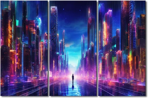 Vista 31 de Lienzo decorativo para pared de sala de estar, lienzo Cyberpunk, decoración de pared de 3 paneles, decoración de pared para el hogar, dormitorio