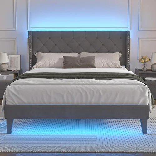 Vista 8 de Lihimte Marco de cama tamaño matrimonial con luces LED, base de cama plataforma tapizada en terciopelo con cabecero y estribo abotonado, soporte