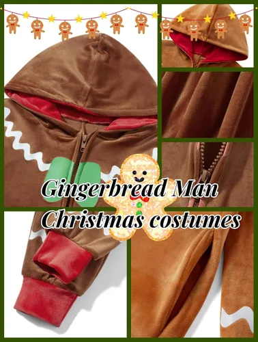 Vista 2 de Disfraz de hombre de jengibre para adultos, disfraz de pan de jengibre para niños, disfraz de Navidad, cosplay, overol con capucha para niño y niña