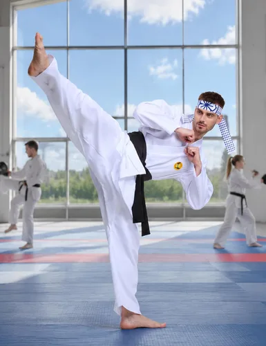 Vista 7 de Disfraz de karate para hombres adultos, conjunto de 4 piezas de uniforme de karate de Halloween