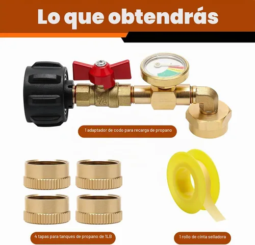 Vista 6 de 1+5 Adaptadores de Recarga de Propano para Tanque de 1 Libra, Adaptador de Codo de Recarga de Propano Luxiv 1P con Medidor y Válvula, 4 Tapas