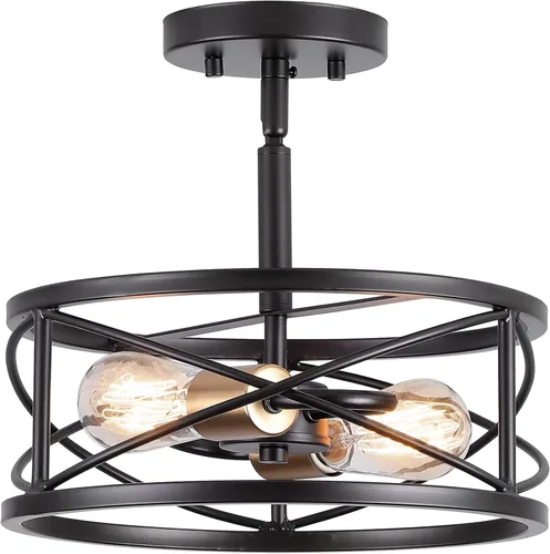 Vista 4 de mavcadonf Lámpara de techo semiempotrada de 2 luces, de 14 pulgadas, industrial y moderna, con jaula de metal, lámpara de techo con acabado