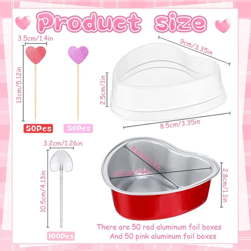 Vista 8 de El juego de 300 moldes para tartas de corazón incluye 3.4 onzas de aluminio desechable de San Valentín, molde para hornear postres, cuchara de Rojo