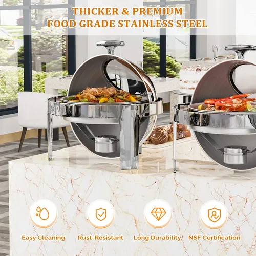 Vista 3 de ROVSUN Juego de bufé de platos de roce con tapa enrollable, 6 cuartos de galón de acero inoxidable redondo para catering, servidores de buffet