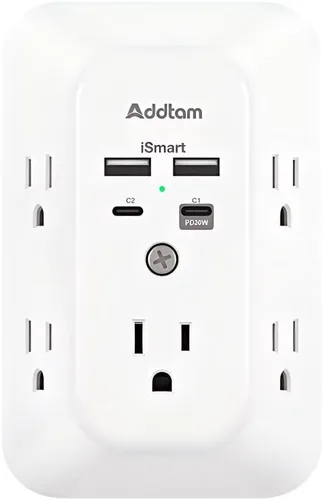 Vista 7 de Addtam cargador USB de pared con protector contra sobrecargas, extensor de 5 tomas con 4 puertos de carga USB (1 salida USB C) de 3 lados, 1800 J