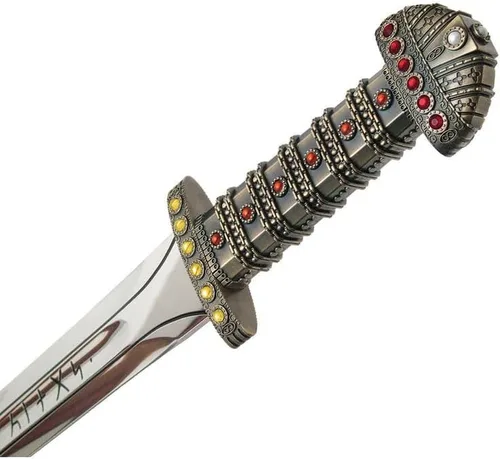 Vista 5 de Espada vikinga hecha a mano Espada real de Ragnar Lothbrok acero al carbono, espiga completa, funda de cuero de guardia de latón Espada