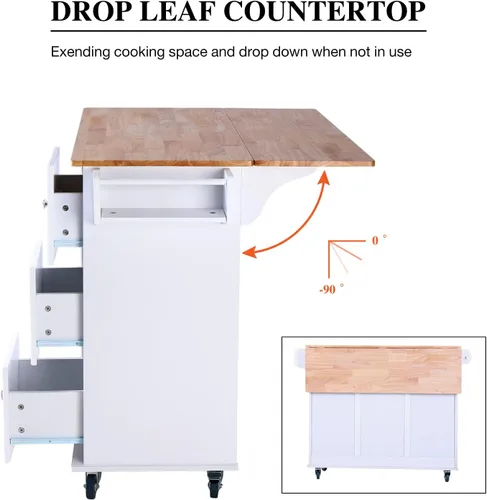 Vista 5 de PHI VILLA Carrito de isla de cocina con ruedas - Isla de cocina móvil con hoja caída, mesa de cocina enrollable con almacenamiento