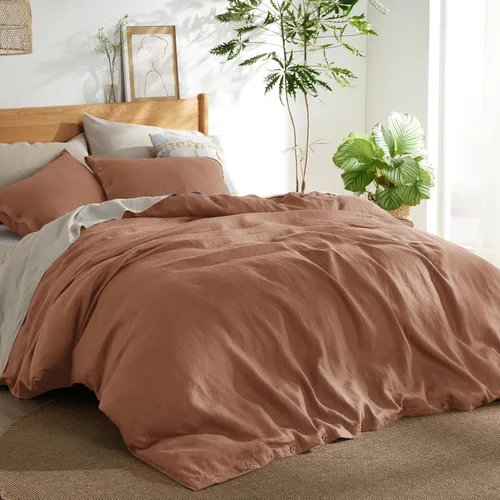 Vista 17 de Bedsure Funda de edredón de lino tamaño Queen – Juego de ropa de cama de mezcla de lino y algodón, suave y acogedor, 3 piezas, 1 funda de edredón
