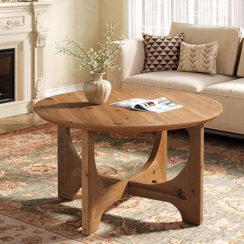 Vista 6 de Mesa de centro de madera maciza de 31.5 pulgadas, mesa central redonda de granja para sala de estar, apartamento, espacio pequeño, color marrón