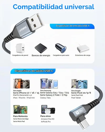 Vista 7 de Cable USB C de ángulo recto de 6 pulgadas, cable USB C corto de carga