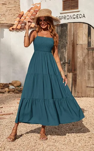 Vista 2 de Vestido largo de verano para mujer de PRETTYGARDEN, casual, bohemio, sin mangas, con tirantes delgados, fruncido, para playa, para el sol.