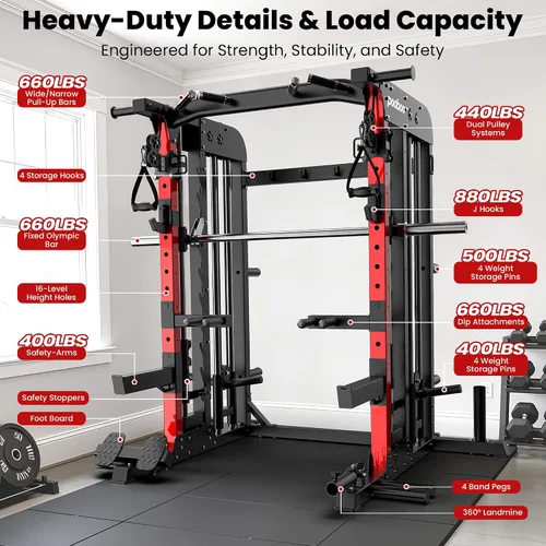 Vista 6 de pooboo Máquina Smith Power Cage con sistema de cable para sentadillas