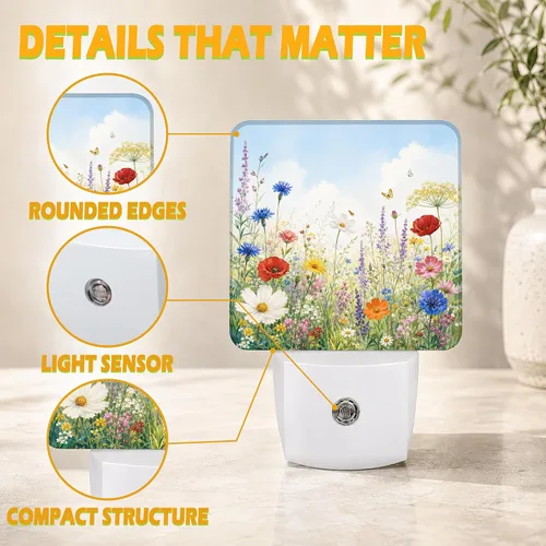 Vista 5 de Wildflower Meadow Garden Plug in Night Light - Botanical Floral Nature Decorative Accent Light, Dusk to Dawn LED Night Light with Light Sensor for