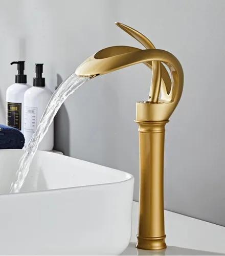 Vista 5 de Grifo de Lavabo para Baño de Diseño Alto y Hueco en Estilo Granja, con Boquilla en Cascada de Oro Antiguo, de una Sola Manija, de un Solo Agujero